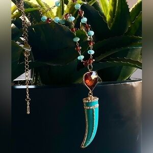 Boho enamel pendant chain necklace, turquoise&brown fashion statement,faux